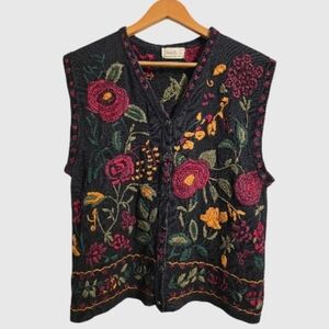 Vtg 90s Eagles Eye Floral Sweater Vest Large Black Hand Embroidered Grandma-Core